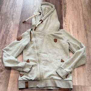 Naketano Light Sage Zip-Up Hoodie with Leather Trim